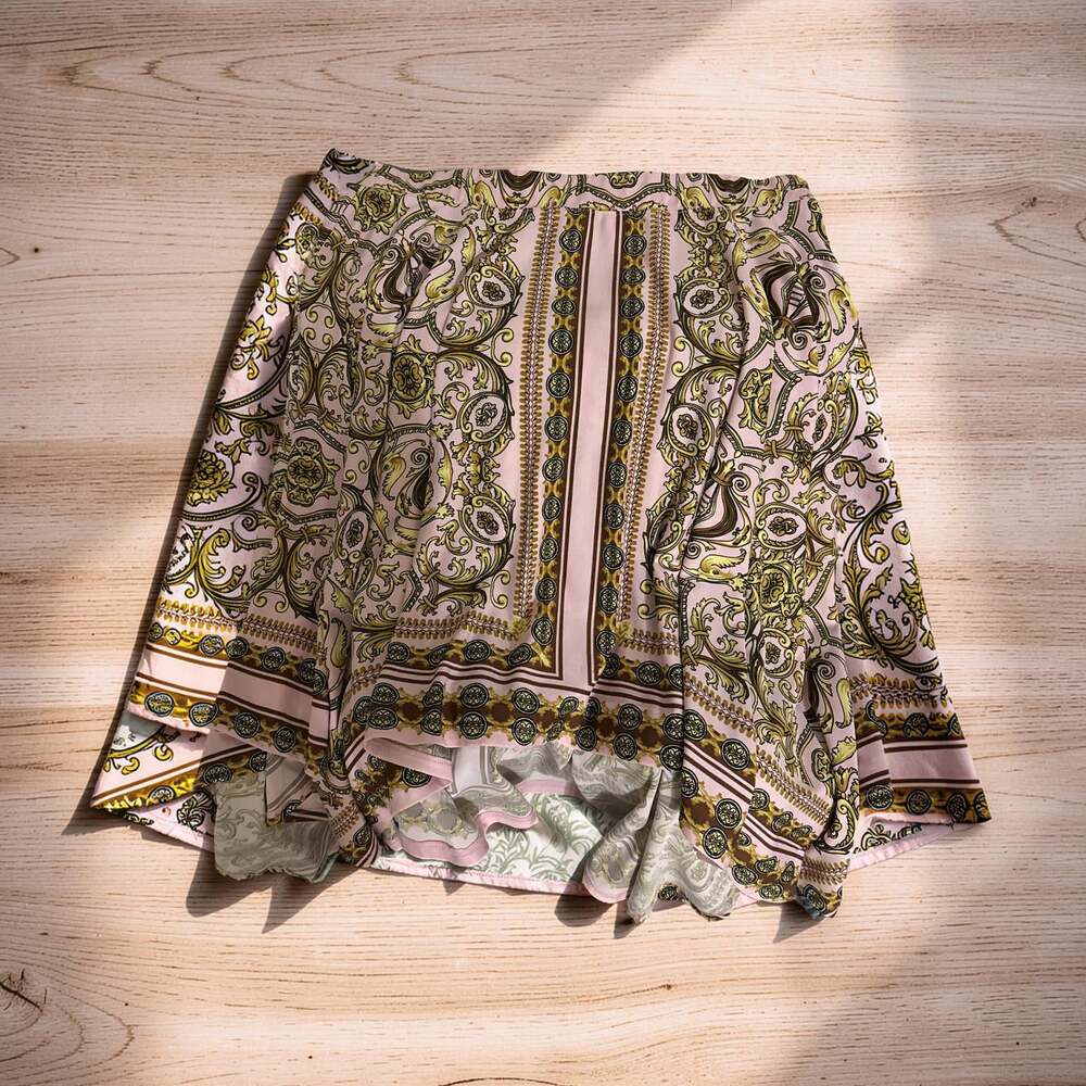 Venus Baroque Print Hankie Hem Skirt Pink Gold Whimsigoth Festival Boho Fairy Si